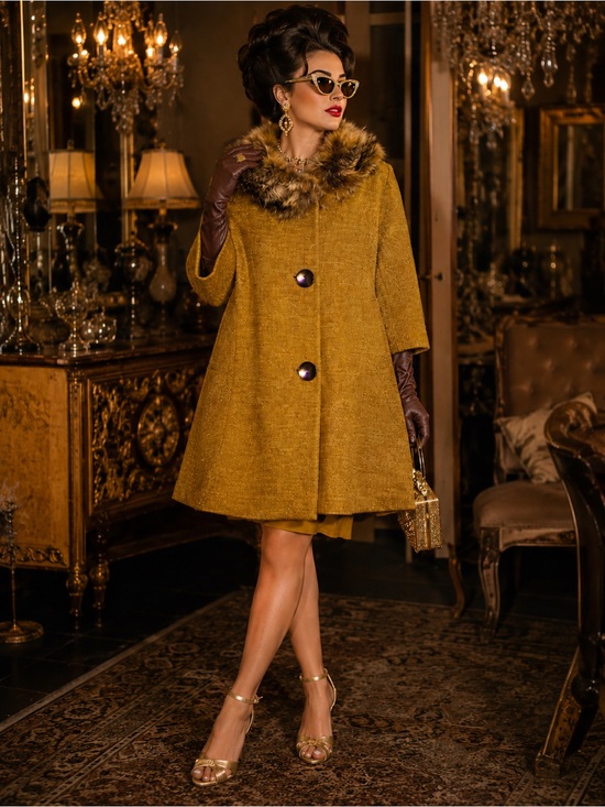 Betty Ross Jackets & Blazers - Vintage Betty Rose Mustard Wool Tweed Swing Coat w/ Genuine Fox Fur Collar